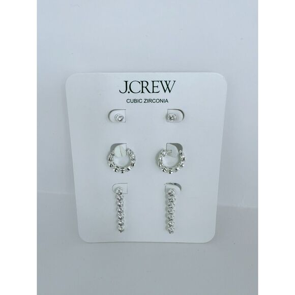 NWT J. Crew Dainty Cubic Zirconia Earrings Set of Three in Silver - Picture 1 of 4